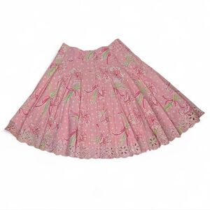 LILLY PULITZER Pleated Eyelet Pink Print Skirt Sz 2 White Label Vintage